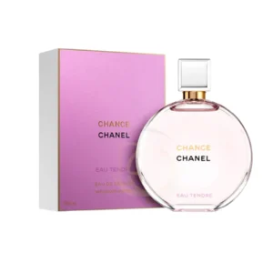 Perfume Chance Eau Tendre de Chanel Eau de Parfum, frasco circular con esencia rosa intensa y tapón plateado.