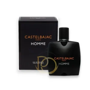 Perfume Homme Castelbajac, frasco elegante de cristal transparente con esencia de tono ámbar suave.