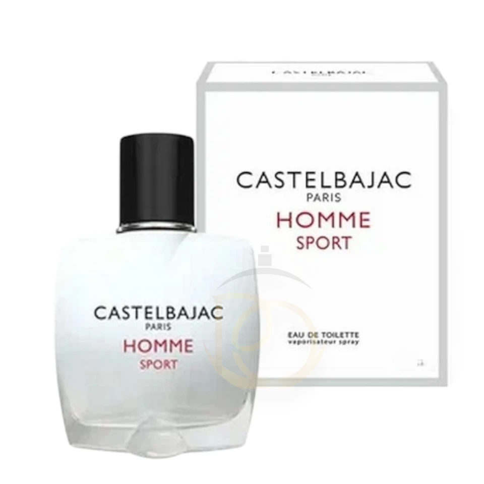 Perfume Homme Sport de Castelbajac, frasco moderno de diseño minimalista con esencia fresca y azul.
