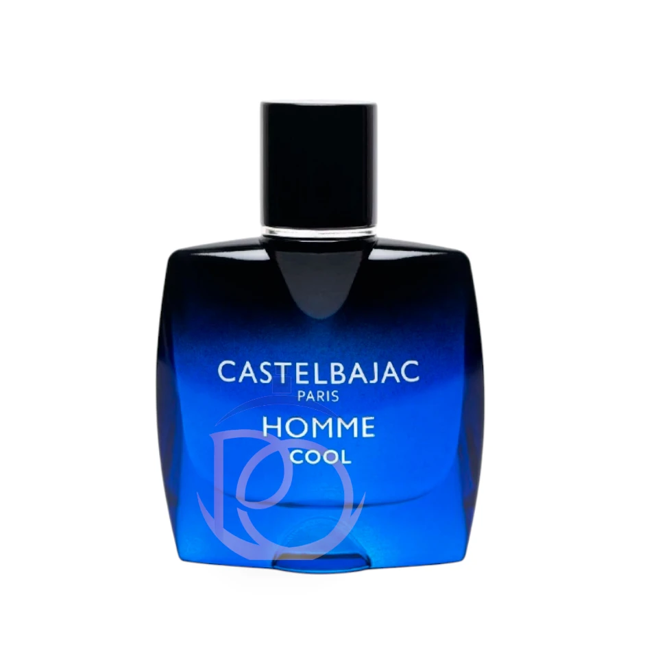 Perfume Homme Cool de Castelbajac en frasco azul translúcido, evocando frescura acuática y vitalidad.
