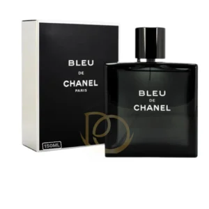 Frasco de perfume Bleu de Chanel en cristal azul oscuro profundo con tapón magnético icónico.