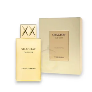 Shaghaf Oud Elixir Swiss Arabian: oud profundo, rosa oriental y lujo intenso.