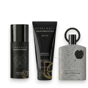 Elegante estuche de la fragancia Supremacy Collectors Edition con frasco plateado y complementos.