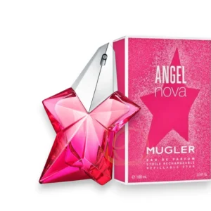 Frasco en forma de estrella rosa neón del perfume Angel Nova Mugler con diseño recargable.