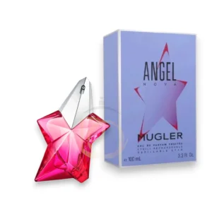 Frasco en forma de estrella rosa neón del perfume Angel Nova Mugler con diseño recargable.