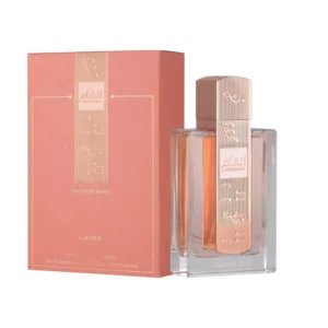 Frasco lujoso de Angham Second Song Lattafa con detalles ornamentales que evocan el arte oriental.