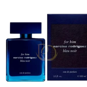 Frasco minimalista del perfume Bleu Noir For Him de Narciso Rodriguez en tono azul profundo y oscuro.