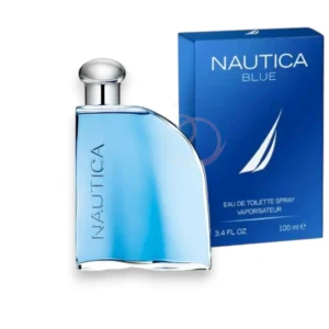 Frasco curvo de vidrio transparente con líquido azul vibrante y el icónico logo del velero de Blue Nautica.