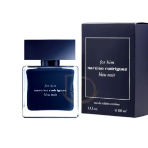 Frasco minimalista del perfume Blue Noir For Him de Narciso Rodriguez en tono azul profundo y oscuro.