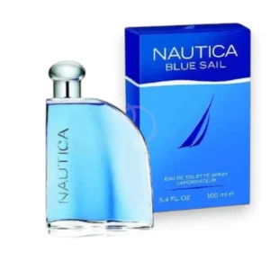 Frasco de vidrio transparente con el vibrante líquido azul de Blue Sail Nautica y su clásico tapón plateado.