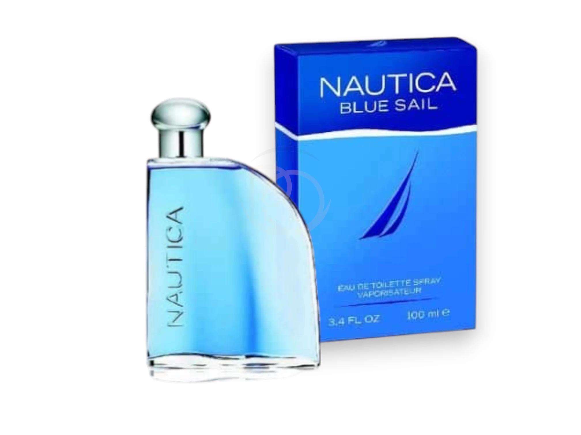 Frasco de vidrio transparente con el vibrante líquido azul de Blue Sail Nautica y su clásico tapón plateado.