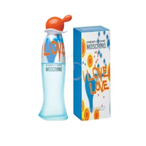 Frasco de Moschino I Love Love con colores azul y naranja en un diseño vibrante y moderno.