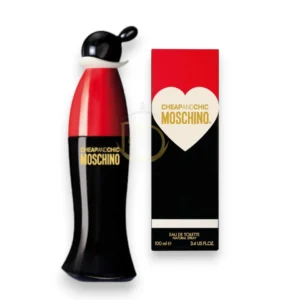 Frasco de perfume Moschino Cheap and Chic con su silueta clásica en colores negro, rojo y blanco.