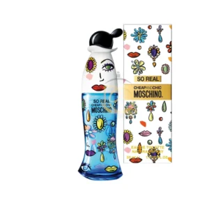 Frasco de Moschino So Real con diseño surrealista de ojos y labios sobre fondo blanco y dorado.