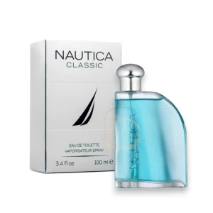Frasco icónico de cristal con líquido azul claro del perfume Classic Nautica y su distintivo diseño marinero.