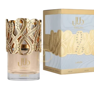 Frasco elegante de Dalal Lattafa con detalles dorados, reflejo de la opulencia y el arte árabe.