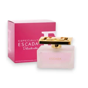 Frasco de Especially Delicate Notes Escada en tonos rosa pálido, evocando suavidad y lujo floral.