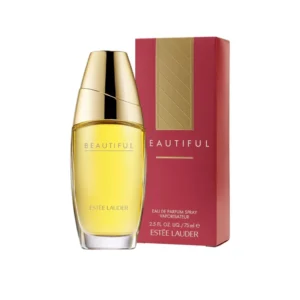 Frasco de Estee Lauder Beautiful con su diseño dorado y clásico, evocando romance y lujo floral.