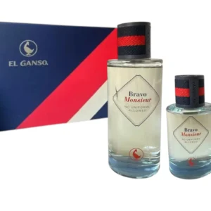 Presentación de lujo del Estuche Bravo Monsieur con fragancia y complementos de cuidado masculino.