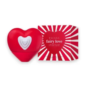 Frasco de Fairy Love Edición Limitada Escada en forma de corazón blanco y rojo, evocando amor y magia.