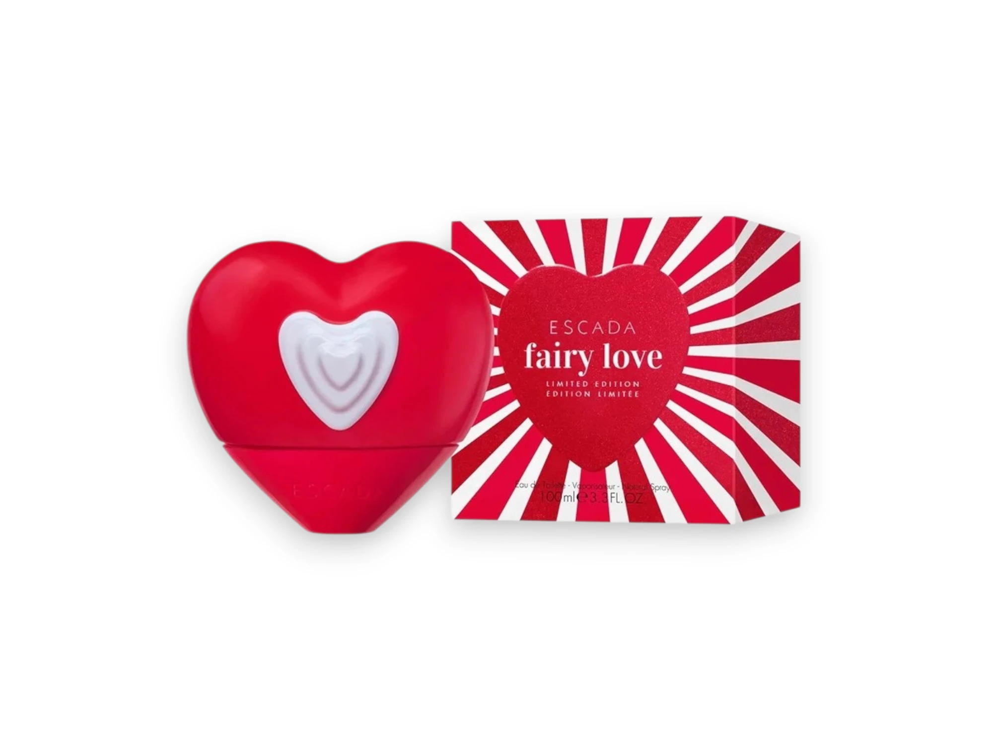 Frasco de Fairy Love Edición Limitada Escada en forma de corazón blanco y rojo, evocando amor y magia.