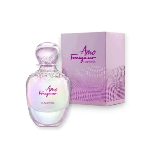 Elegante frasco de Ferragamo Amo Flowerful con reflejos irisados que evocan un jardín en flor.