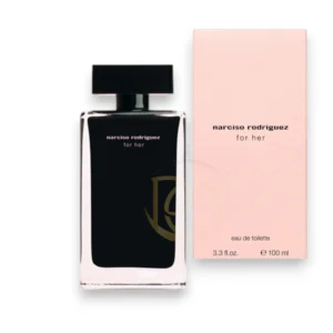 Frasco rectangular de color negro del perfume For Her Narciso Rodriguez Eau de Toilette con diseño de líneas puras.