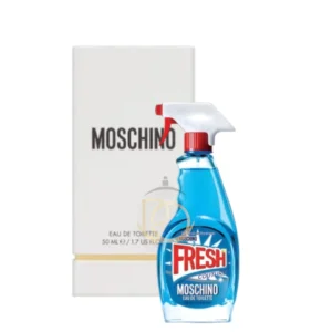 Frasco de Moschino Fresh Couture con forma de spray limpiador en tonos azul cristalino y blanco.