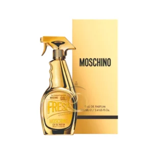 Frasco de Moschino Gold Fresh Couture con su distintivo diseño de spray en un acabado dorado brillante.