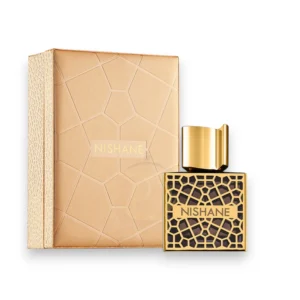 Elegante presentación del perfume Hacivat Oud Nishane capturando su esencia oscura y majestuosa.
