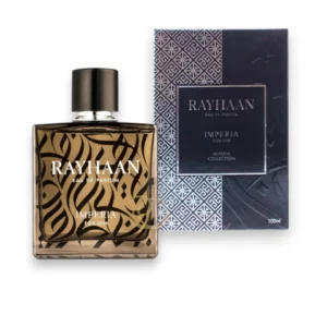Presentación de lujo del frasco de Imperia Collection Rayhaan con un diseño robusto y elegante.