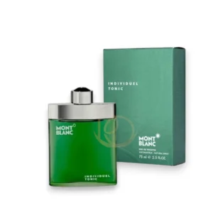 Frasco de diseño clásico y estilizado del perfume Individuel Tonic Montblanc con tonos azul claro.
