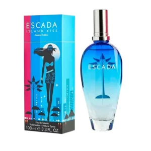 Frasco de Island Kiss Escada junto a frutas tropicales, evocando vacaciones y frescura caribeña.
