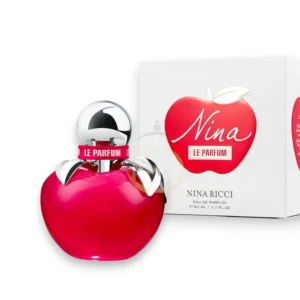 Frasco icónico en forma de manzana con un acabado degradado en rojo profundo y detalles dorados del perfume Le Parfum Nina Ricci.