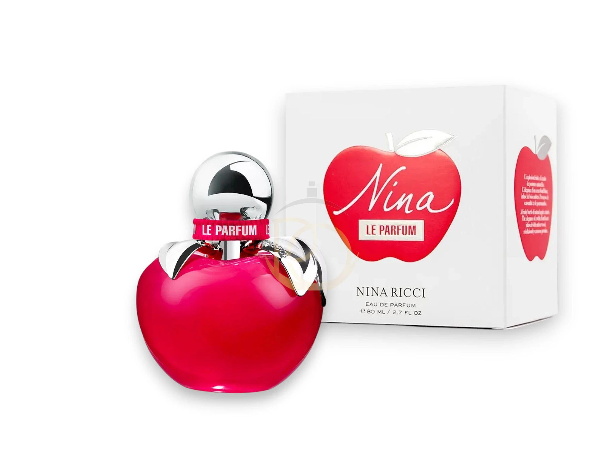 Frasco icónico en forma de manzana con un acabado degradado en rojo profundo y detalles dorados del perfume Le Parfum Nina Ricci.