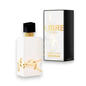 Frasco de cristal elegante del perfume Libre L’Eau Nue Parfum de Peau sobre un fondo minimalista.