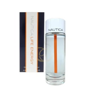 Frasco transparente con líquido de tono verdoso y diseño minimalista del perfume Life Energy Nautica.