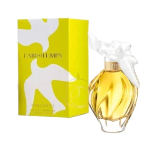 Frasco de cristal ondulado con el icónico tapón de dos palomas entrelazadas del perfume L’Air Du Temps Nina Ricci.