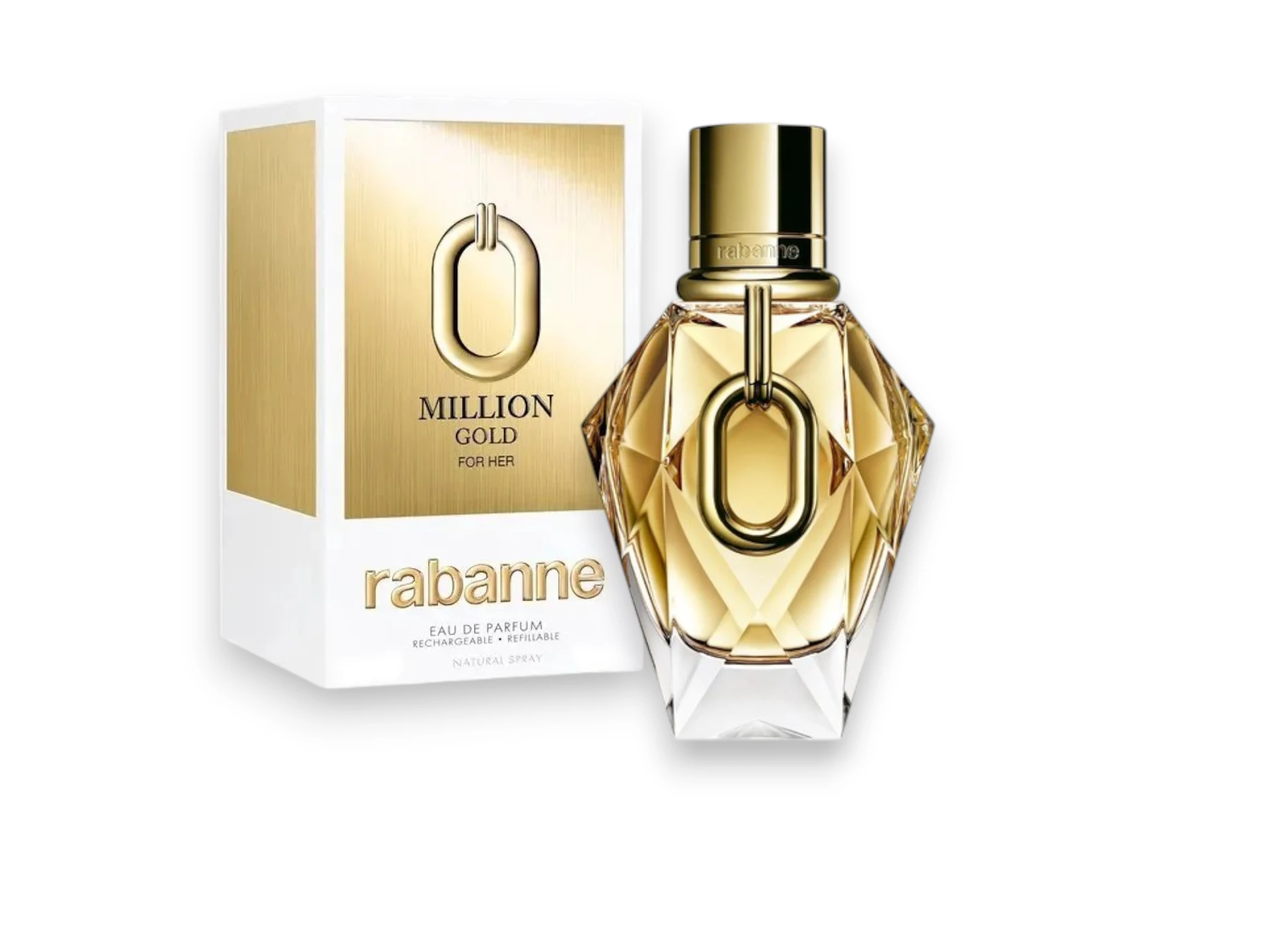 El resplandor dorado del frasco de Million Gold For Her EDP reflejando lujo y feminidad absoluta.