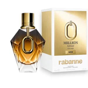 Elegante frasco de Million Gold For Her Parfum capturando el brillo del oro y la esencia del lujo.