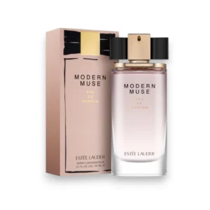 Frasco de Modern Muse Estée Lauder con su icónico lazo azul oscuro, evocando lujo y estilo moderno.