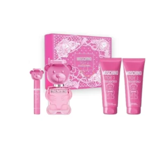 Estuche de 4 piezas Moschino Toy 2 Bubble Gum con el icónico osito rosa y productos corporales.