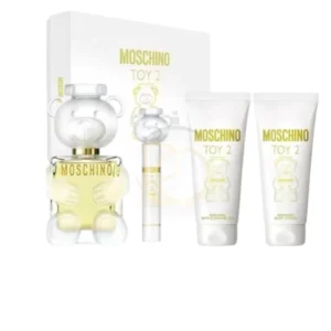 Elegante set de Moschino Toy 2 con el icónico frasco de oso y productos complementarios en su caja.