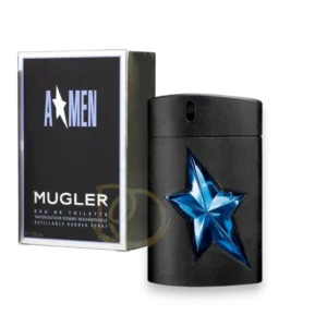 Frasco elegante recubierto de goma negra con la icónica estrella azul del perfume Mugler A Men EDT.