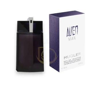 Frasco geométrico en color azul oscuro profundo del perfume Mugler Alien Man de diseño minimalista.