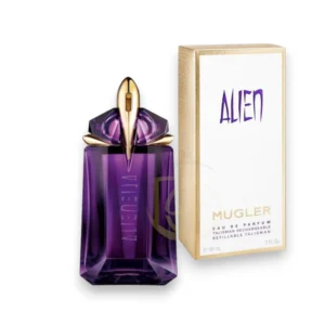 Frasco con forma de amatista tallada en color púrpura profundo del perfume Mugler Alien recargable.