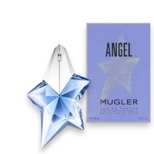 Frasco icónico en forma de estrella de cristal azul del perfume Mugler Angel EDP recargable.