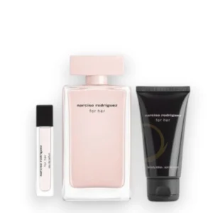 Elegante set de regalo Narciso Rodriguez For Her con perfume y complementos en un diseño minimalista.