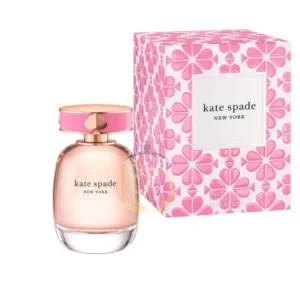 Frasco de cristal transparente con detalles en tono rosa y el icónico logo de la pala de New York Kate Spade.