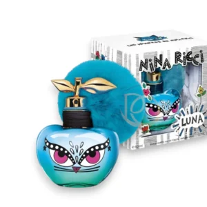 Frasco azul en forma de manzana con ojos divertidos y un pompón de piel sintética del perfume Nina Les Monstres Luna.